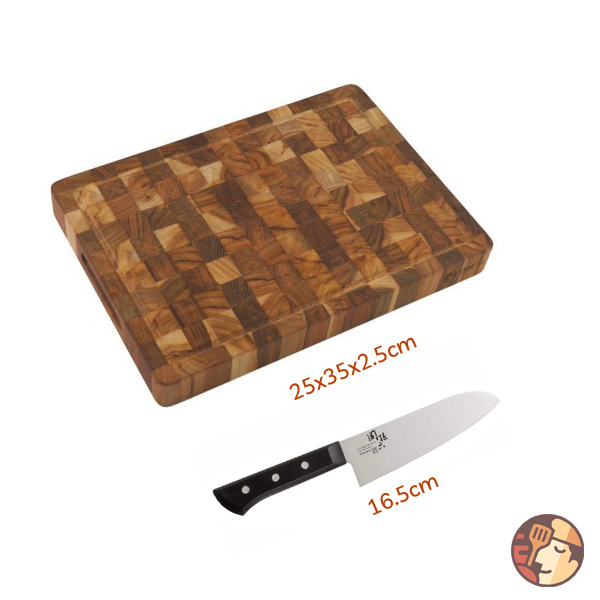 Combo thớt gỗ Teak 25x35x2,5 cm và dao KAI Wakatake Santoku 16,5 cm