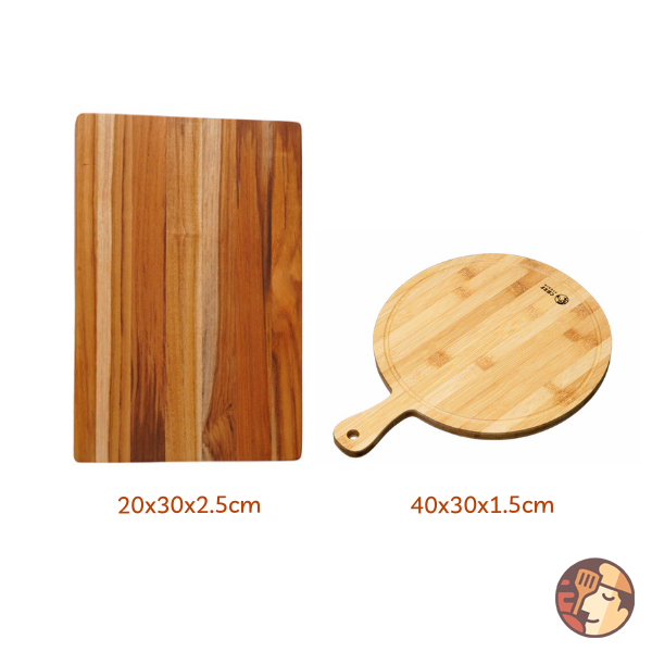 Combo thớt gỗ Teak ghép ngang 20x30x2,5 cm và thớt tre tròn có tay cầm 40x30x1,5 cm