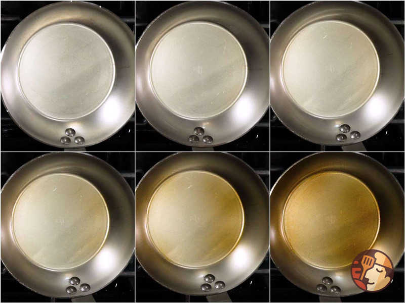 Trong quá trình tôi dầu cho chảo thép carbon, đun nóng trên bếp, chảo sẽ chuyển dần từ màu trắng sang màu nâu vàng rồi tới màu xám
